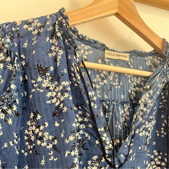 Ulla Johnson Manet Blue, White Silk Floral Ruffle Blouse Size 4 - Picture 5 of 12